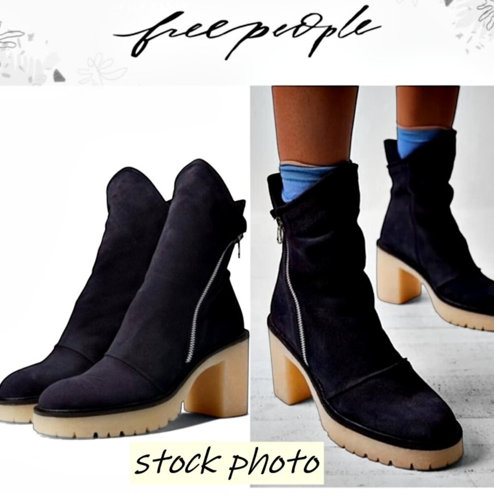 Free People Black Suede Zip Chunky Heel Ankle Boot Jack Size 9 US 39 EU Lug Sole
